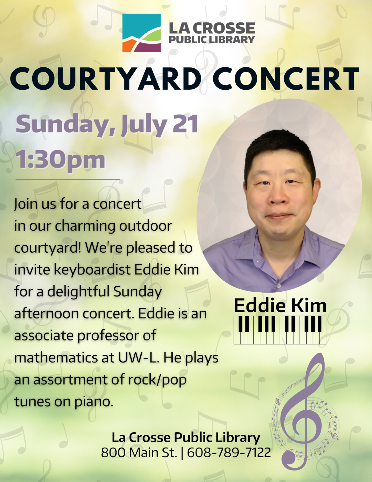 smiling musician surrounded by colorful music notes