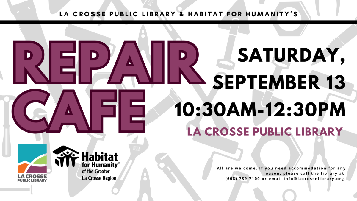 Foreground: purple font advertising "Repair Cafe;" background image of tools