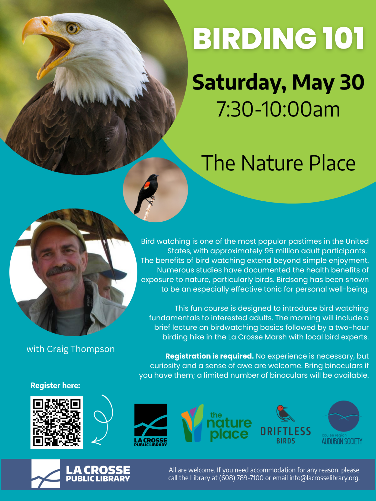 Bald eagle and red-winged black birds featured with smiling image of bird watching instructor