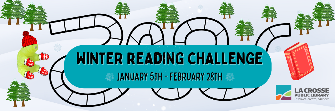 Winter Reading Challenge 2025 Banner (image of a gameboard leading to a book in snowy woods)